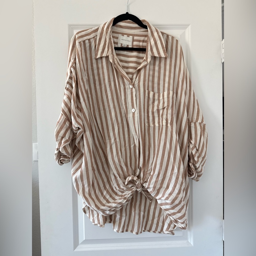 American Eagle Outfitters Beige and White Striped Button-Up Top
